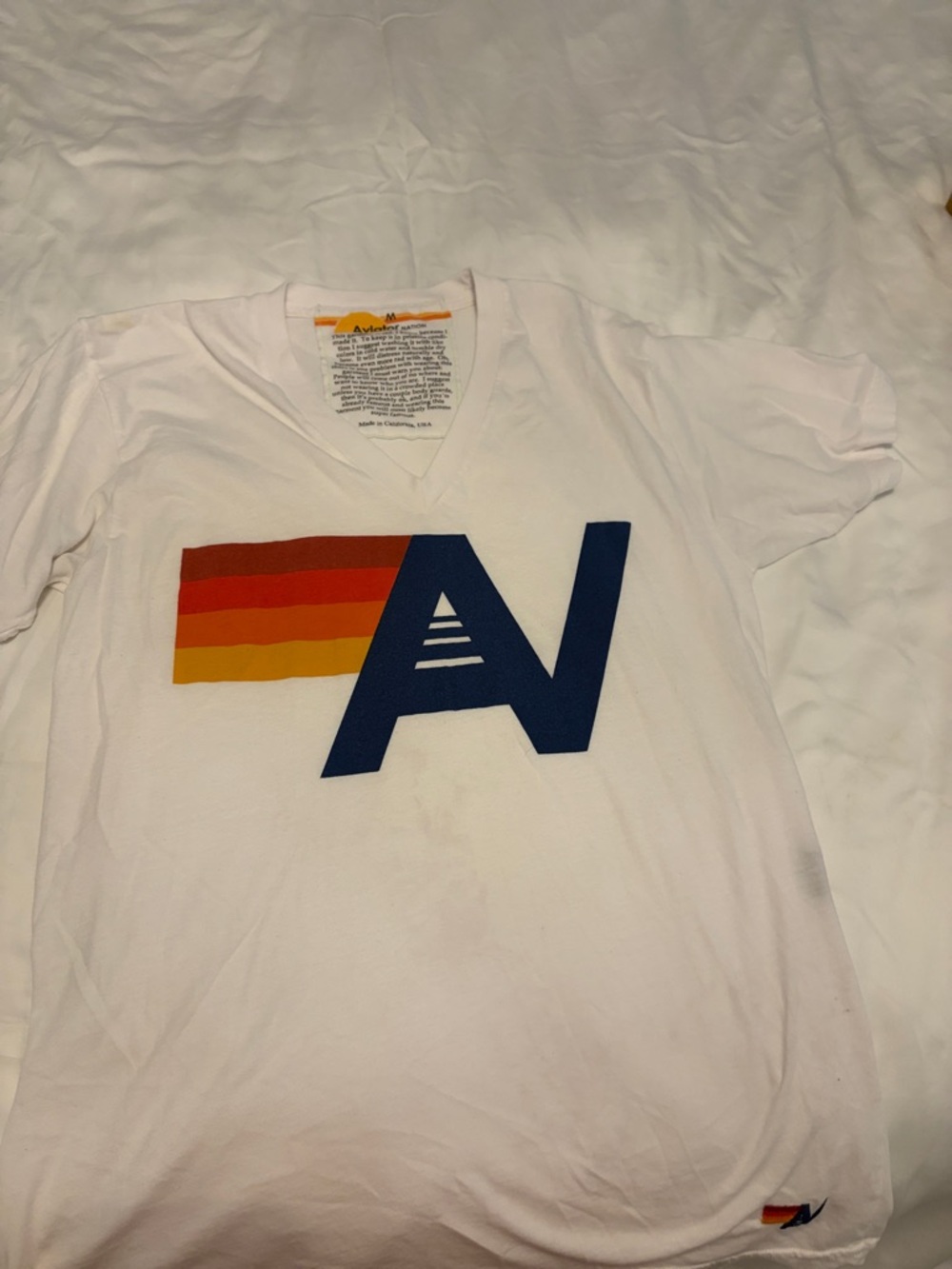 Aviator Nation White V-Neck Tee with Navy Logo and Sunset Stripes